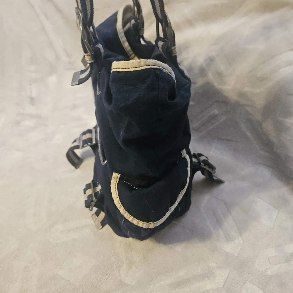 Y2K OLD Navy Bag Purse Navy Blue Ripstop Canvas grommet handles Grunge Gorpcore - Picture 4 of 15